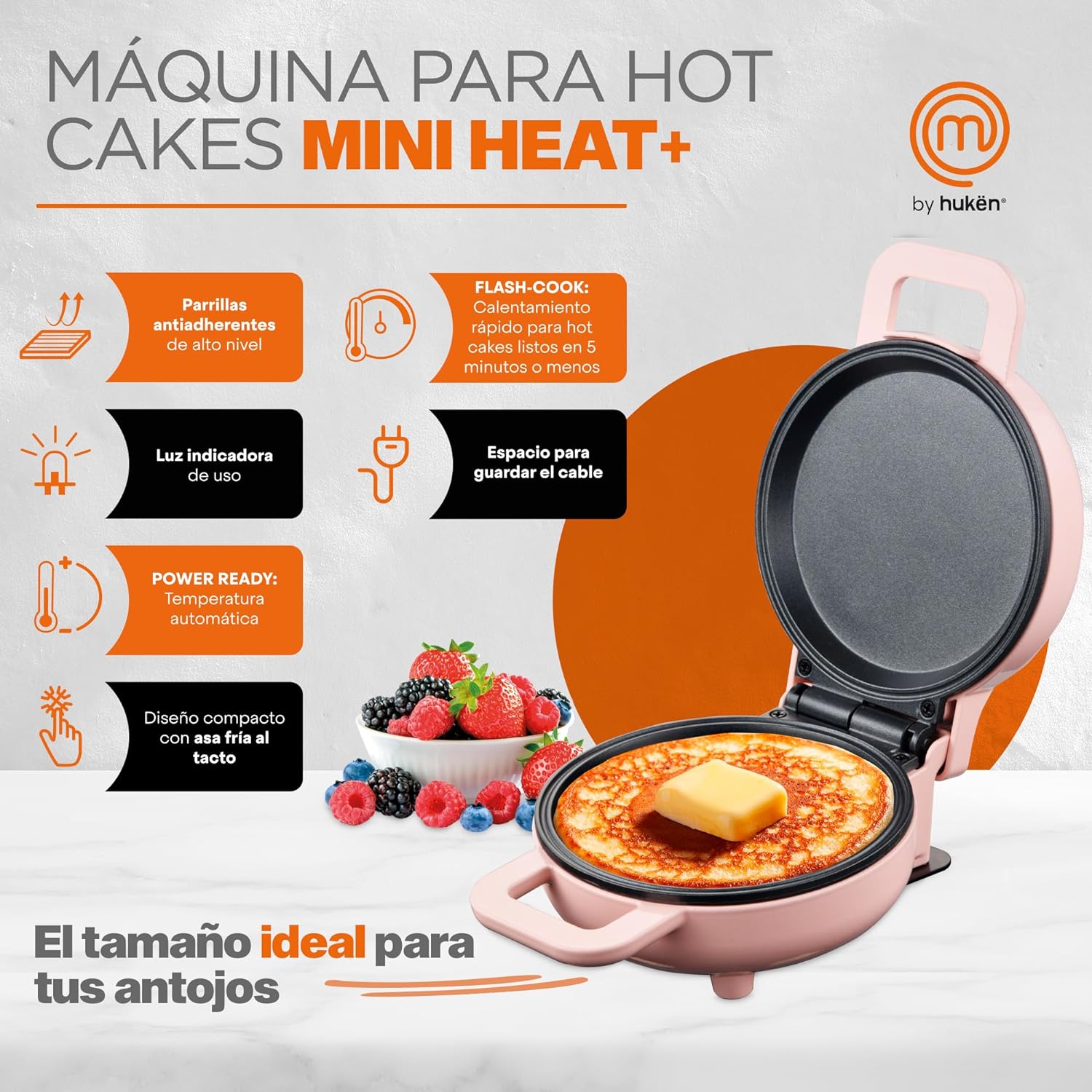 MasterChef Mini Máquina para Waffles y Hot Cakes con Parrillas Antiadherentes, 750W - Modelo Hukën