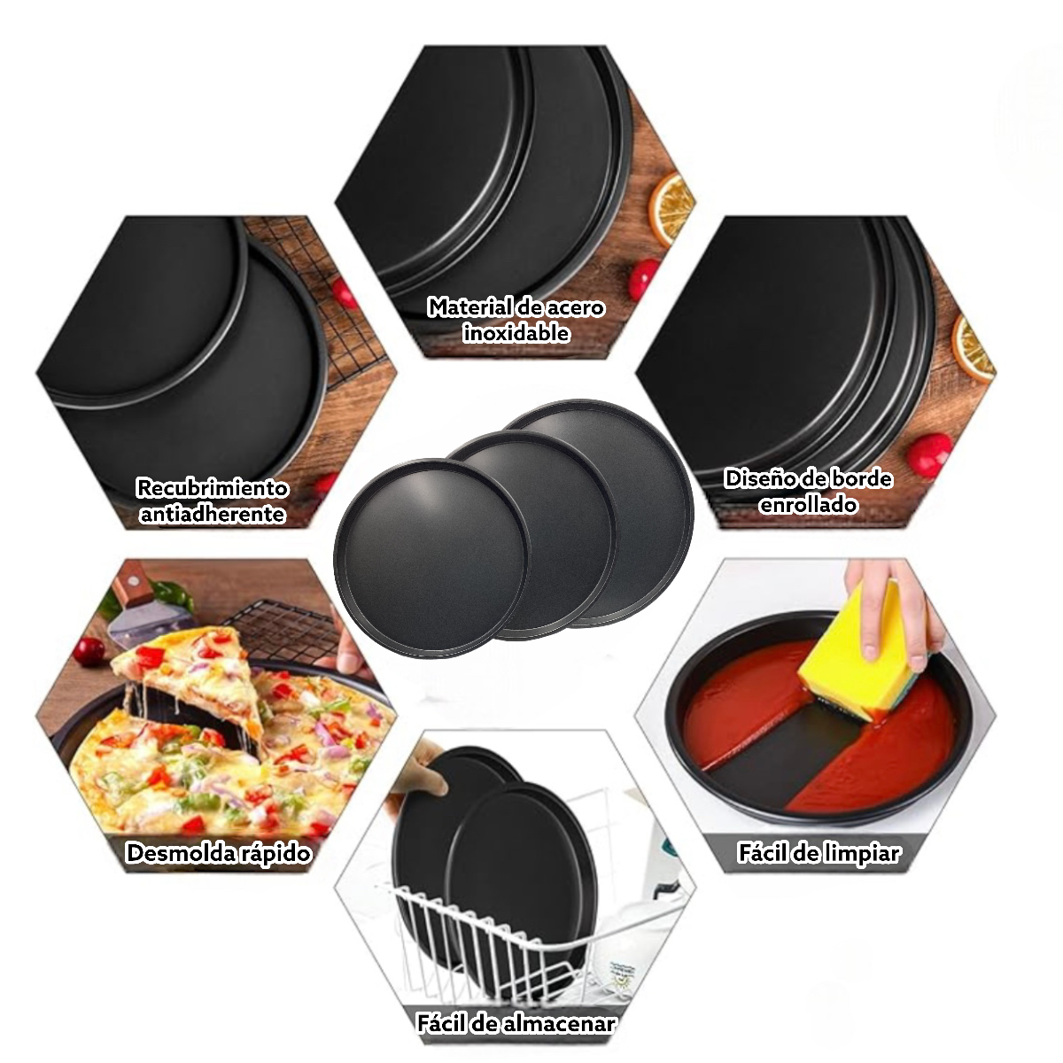 Set 3 Platos Molde Para Hornear Pizza Antiadherente
