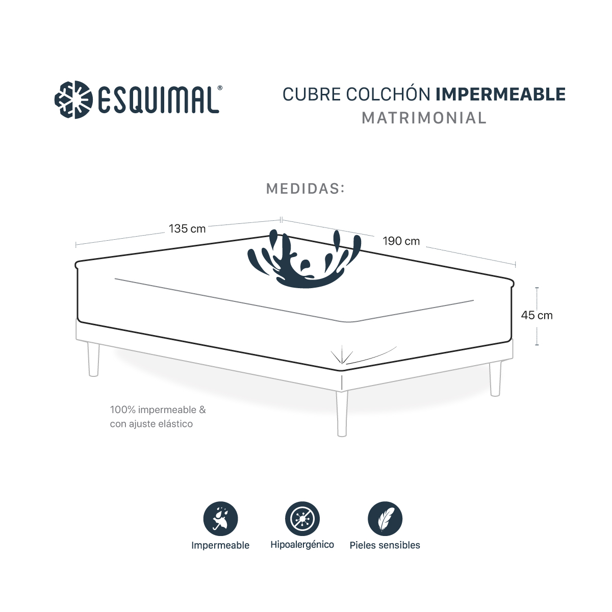 Cubre Colchón Matrimonial 100% Impermeable Protector Hipoalergénico de Poliéster ESQUIMAL