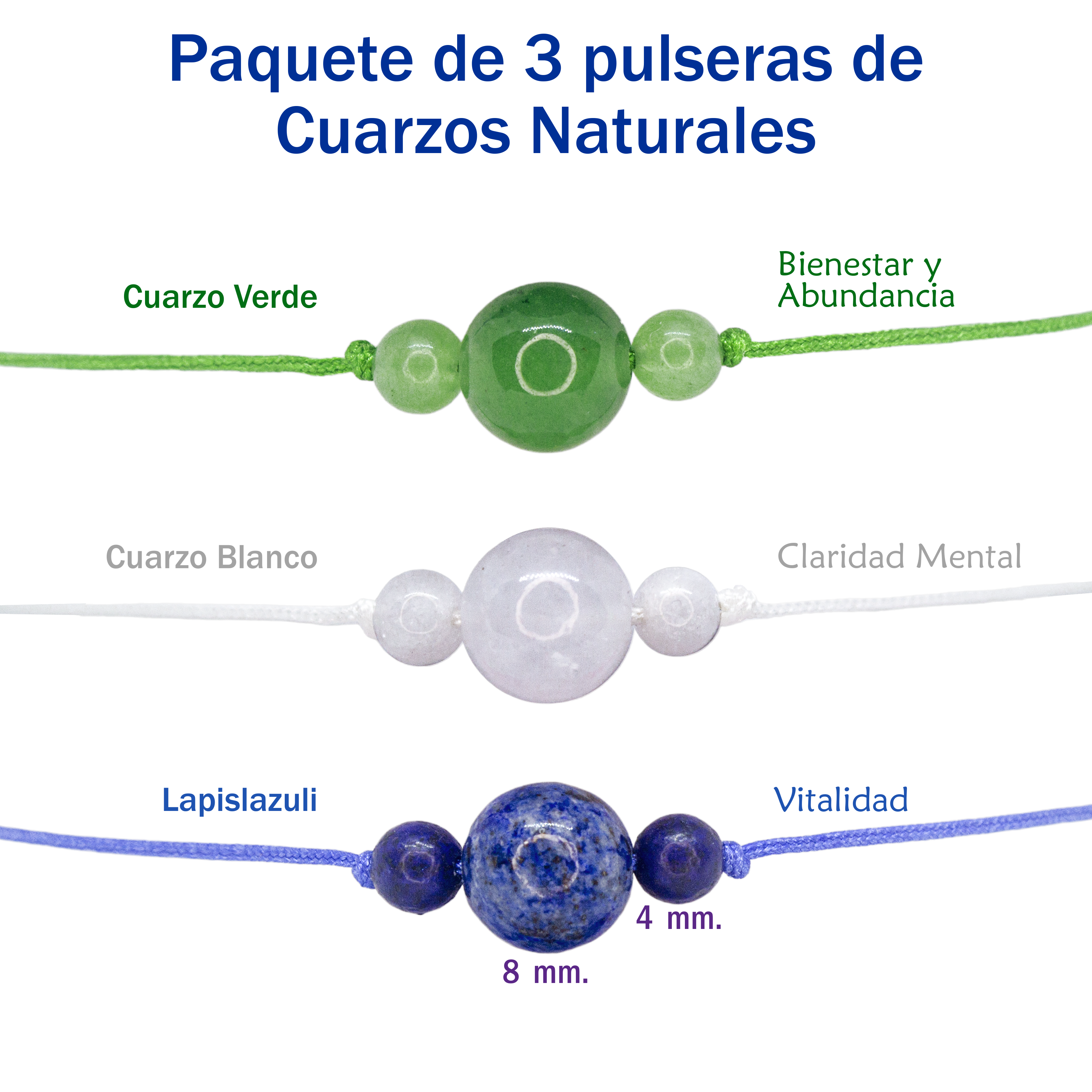 Pulseras de Cuarzo Verde, Cuarzo Blanco, Lapislázuli Paquete de 3 pulseras de cuarzos naturales