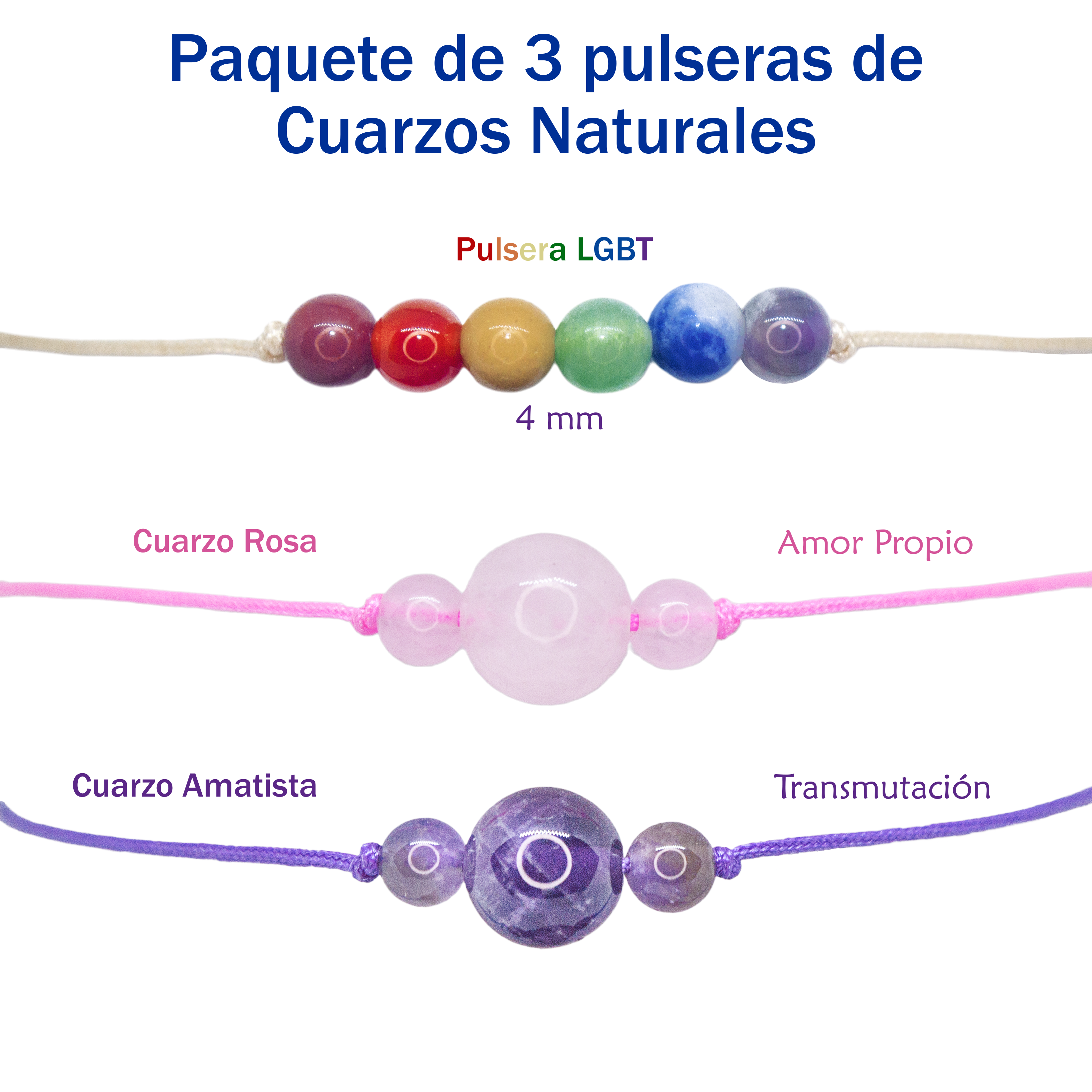 Pulseras LGBT Pride + Cuarzo Rosa + Cuarzo Amatista Paquete de 3 pulseras de cuarzos naturales