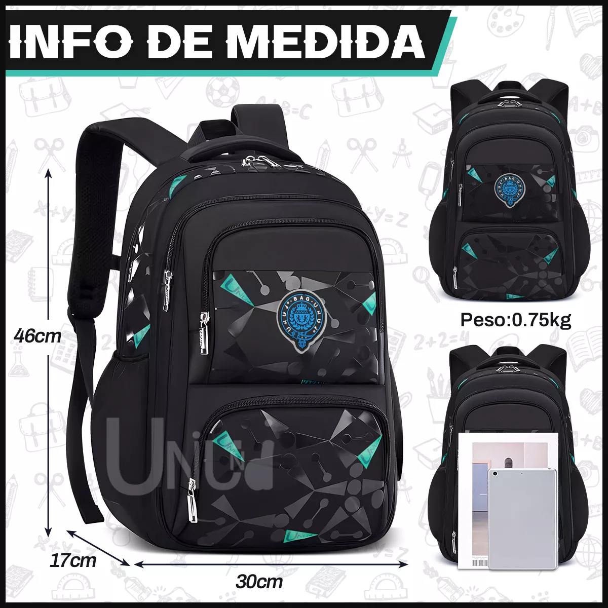 M Mochila escolar viaje Uniuni Escolar Viaje UN-S723 color negro 30L