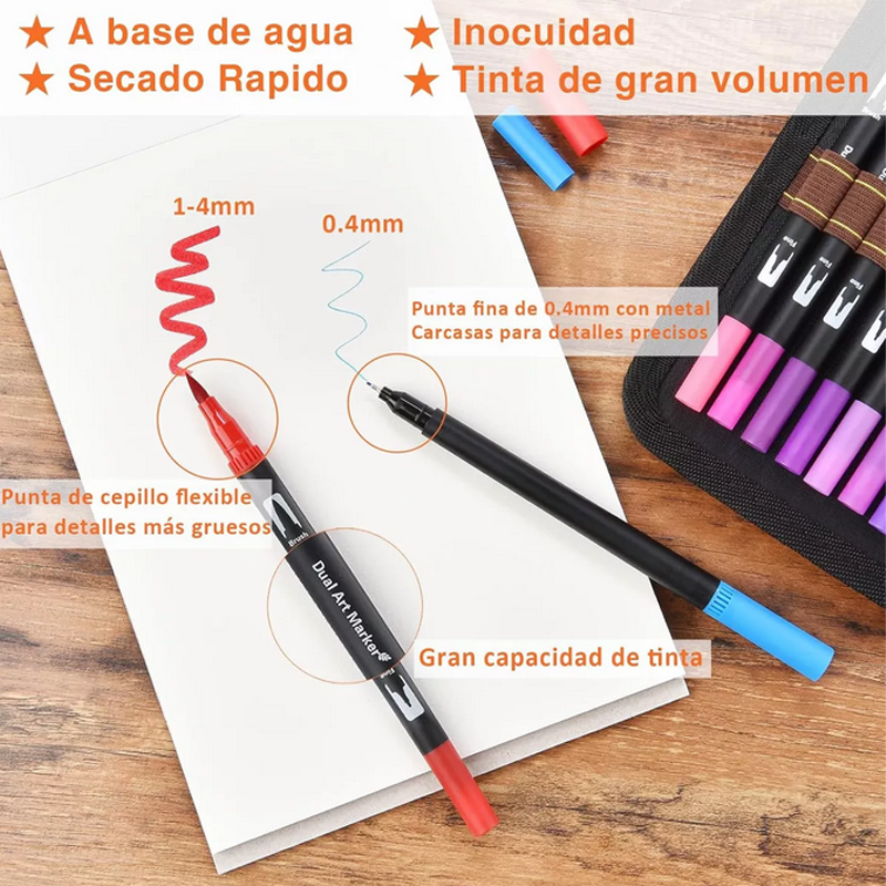 Marcadores Plumones Doble Punta Pincel 120 Colores Con Estuche