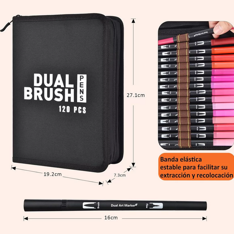 Marcadores Plumones Doble Punta Pincel 120 Colores Con Estuche