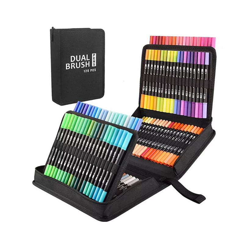 Marcadores Plumones Doble Punta Pincel 120 Colores Con Estuche