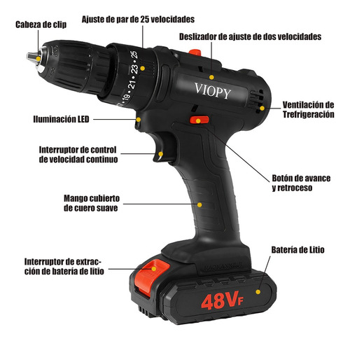 Taladro Inalambrico Con 2 Batería De Litio 2x48v Color Negro