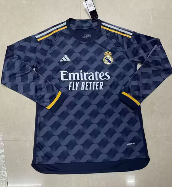 Increible! Jersey Real Madrid 2023/2024 Azul Marino Visitante Manga Larga Talla M