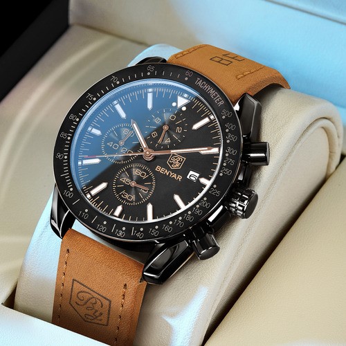 Reloj De Cuero Casual Para Hombre Con Cronógrafo NEGRO/MARRON CLARO