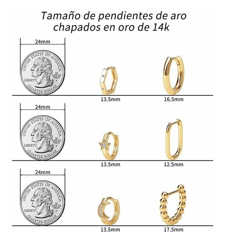 Aretes De Laminado de Oro 14k Mujer Arracadas Huggies Moda 6 PARES