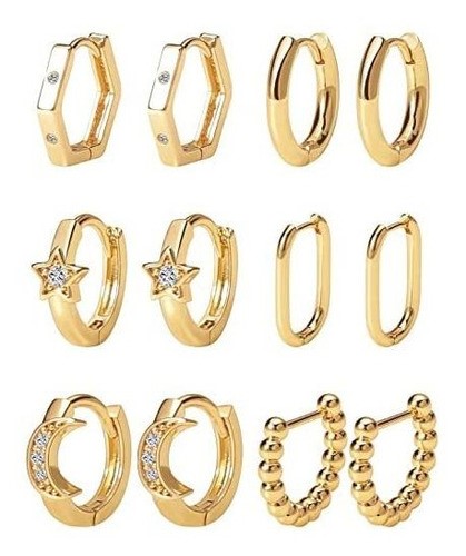 Aretes De Laminado de Oro 14k Mujer Arracadas Huggies Moda 6 PARES