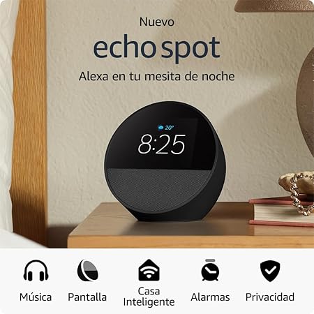 Amazon Echo Spot (modelo de 2024), despertador inteligente con sonido vibrante y Alexa, Negro