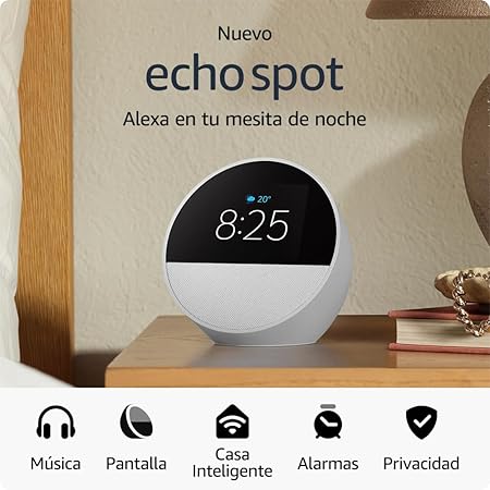Echo Spot (modelo de 2024) despertador inteligente con sonido vibrante y Alexa Blanco