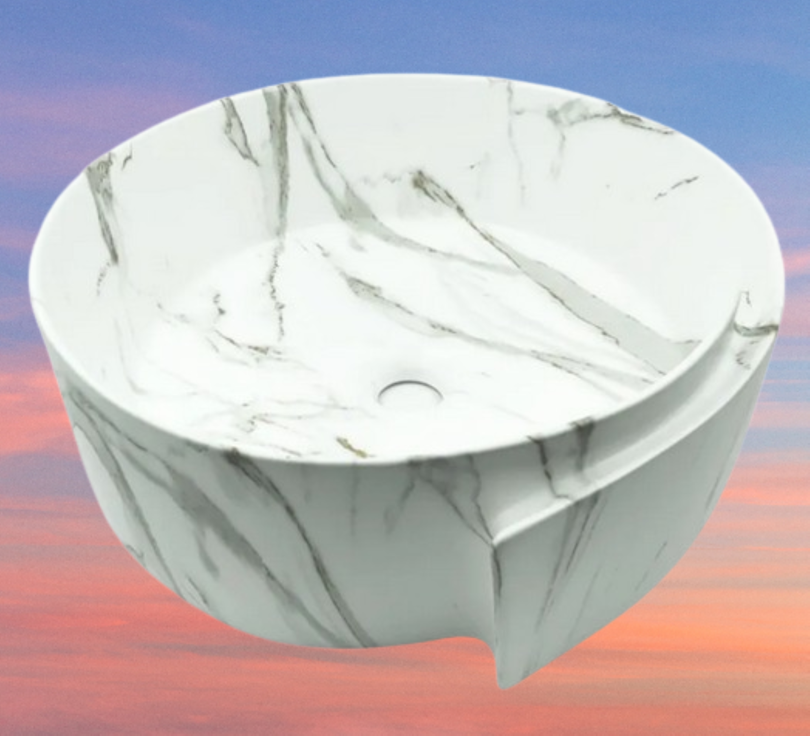 Lavabo Cerámico para Baño PAL, forma circular en color blanco marmoleado. De sobreponer, con diseño europeo ideal para todo tipo de baño. Medidas 43 x 43 x 17 cms