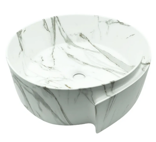 Lavabo Cerámico para Baño PAL, forma circular en color blanco marmoleado. De sobreponer, con diseño europeo ideal para todo tipo de baño. Medidas 43 x 43 x 17 cms