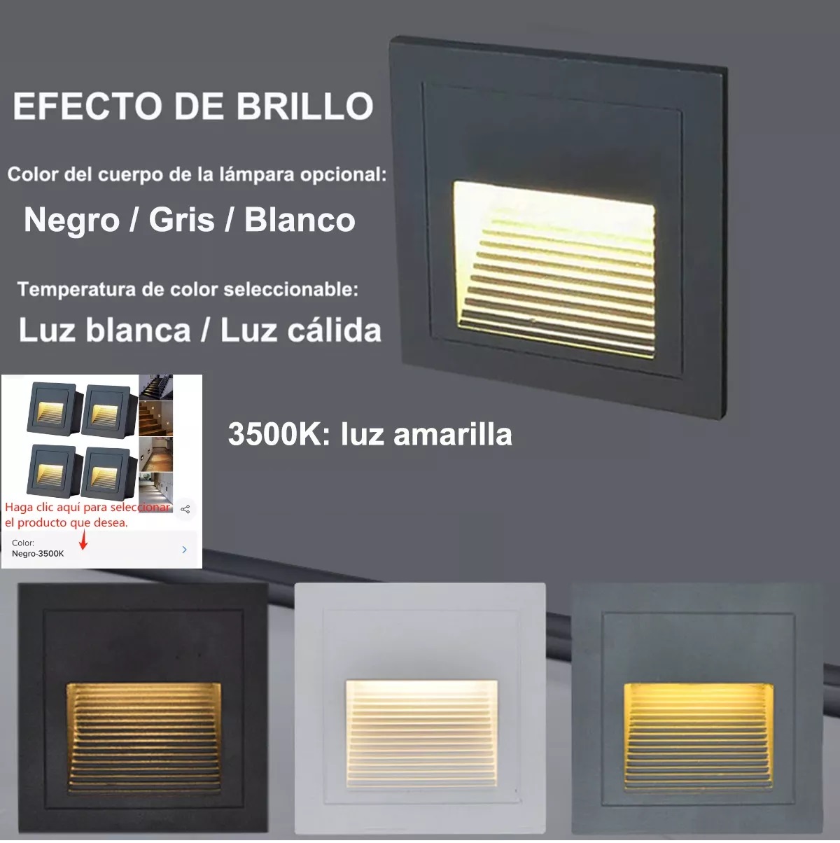 Set Lampara Led Escalera Pared  Foco 3w Ip65 Negro 3500K 4 Piezas