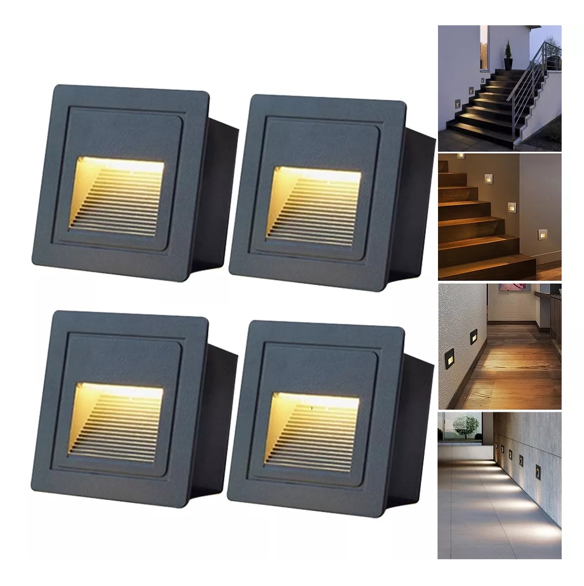 Set Lampara Led Escalera Pared  Foco 3w Ip65 Negro 3500K 4 Piezas