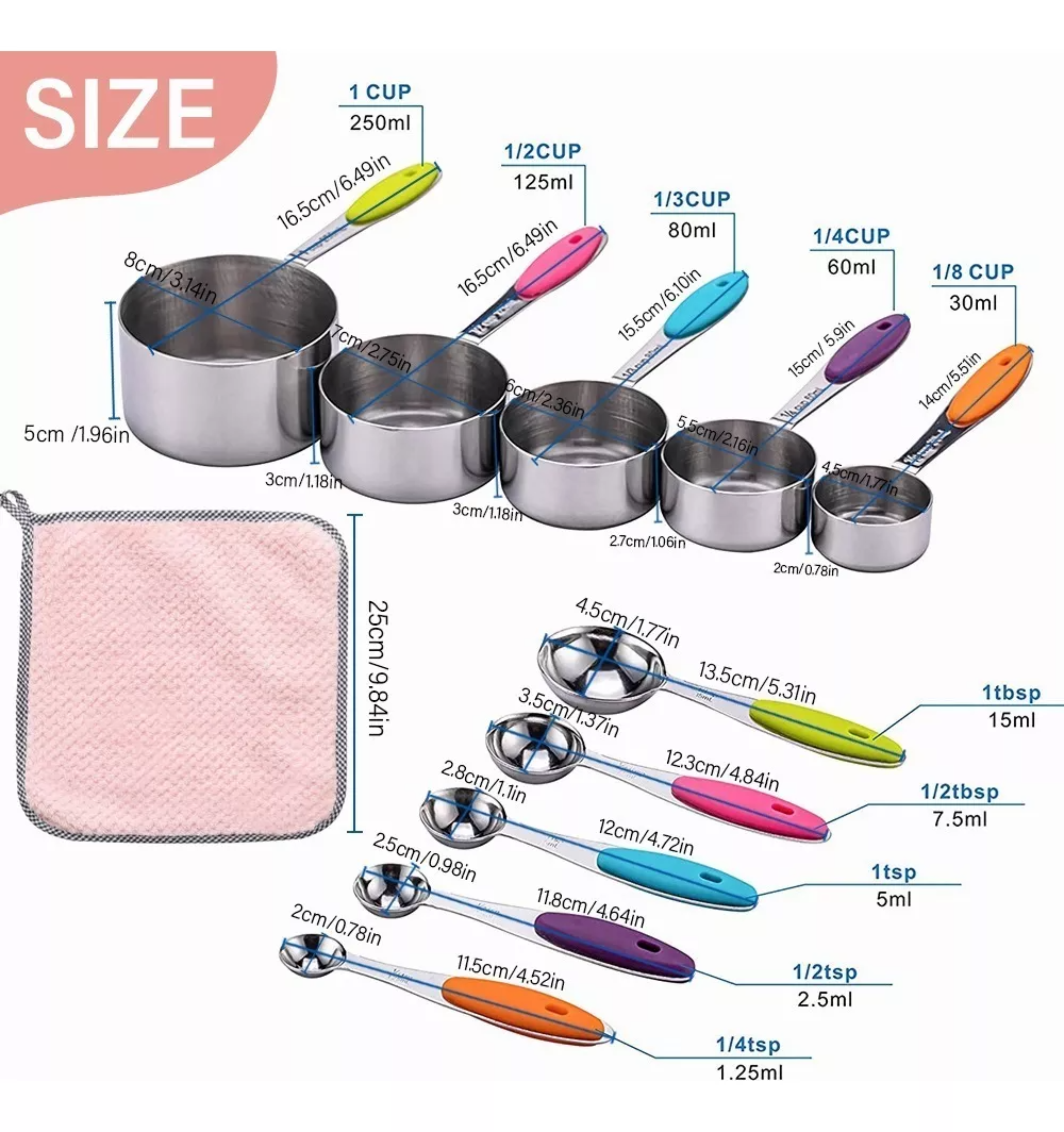11pcs Juego De Taza Cuchara Y Medidora De Reposteria Cocina Color color acero inoxidable