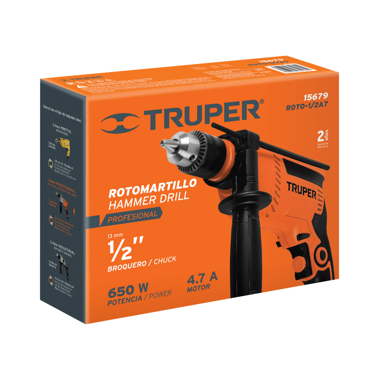 Truper Taladro Rotomartillo 1/2" 650 W profesional - ROTO-1/2A7