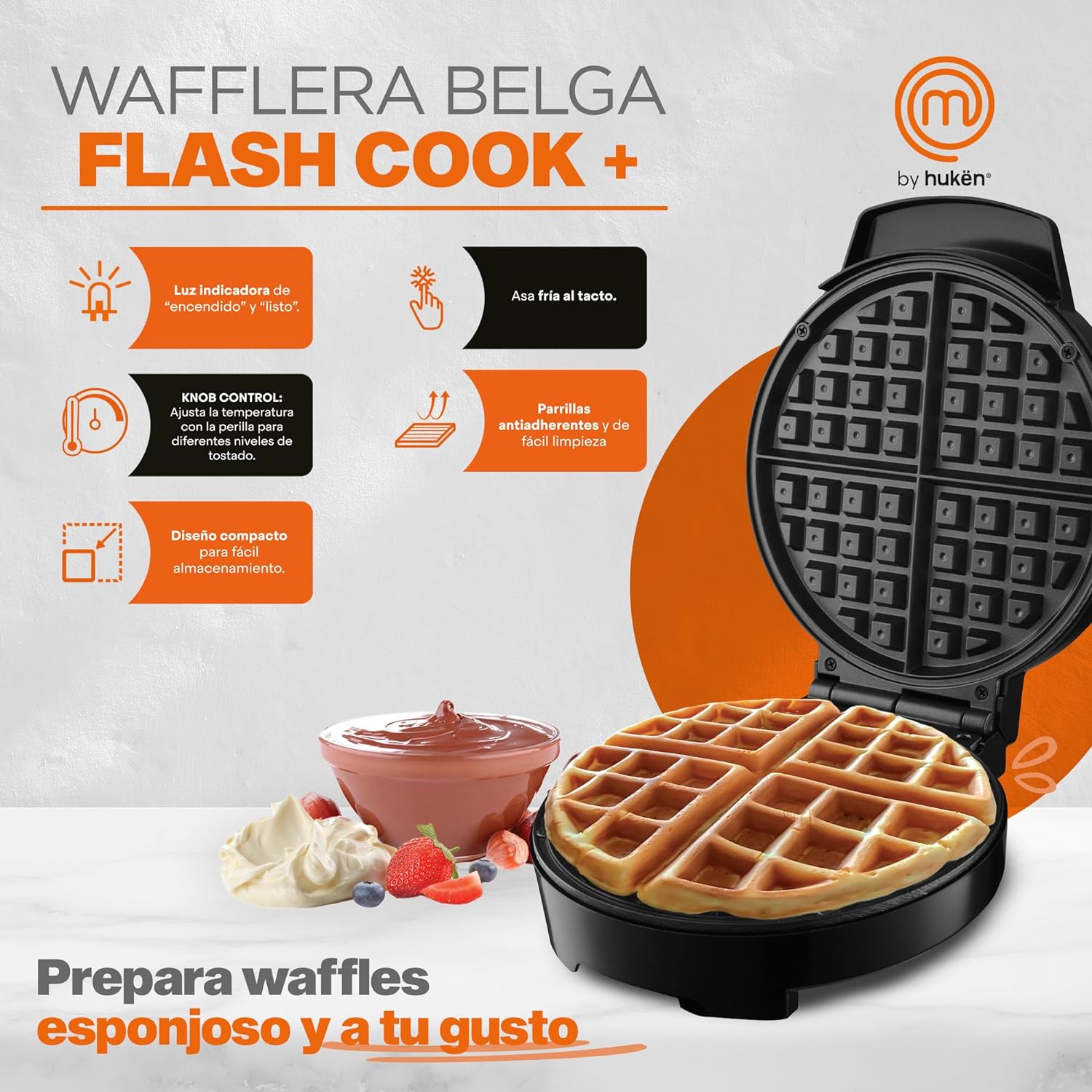 MasterChef by Hüken Waflera Belga Redonda de 4 Rebanadas con Acabados en Acero Inoxidable, 5 Niveles de Temperatura - 1000W, Modelo MK-WM-1CK