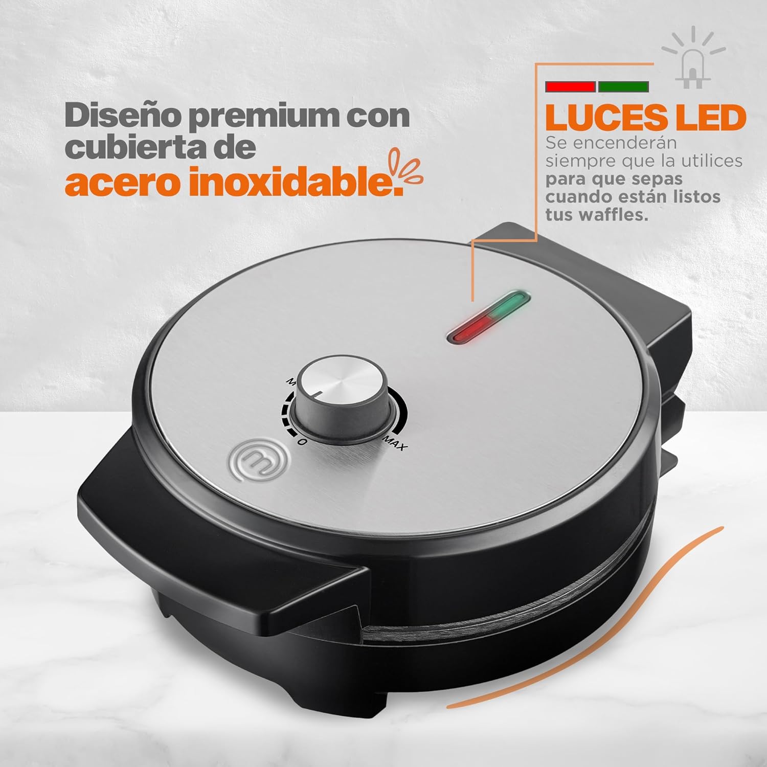 MasterChef by Hüken Waflera Belga Redonda de 4 Rebanadas con Acabados en Acero Inoxidable, 5 Niveles de Temperatura - 1000W, Modelo MK-WM-1CK