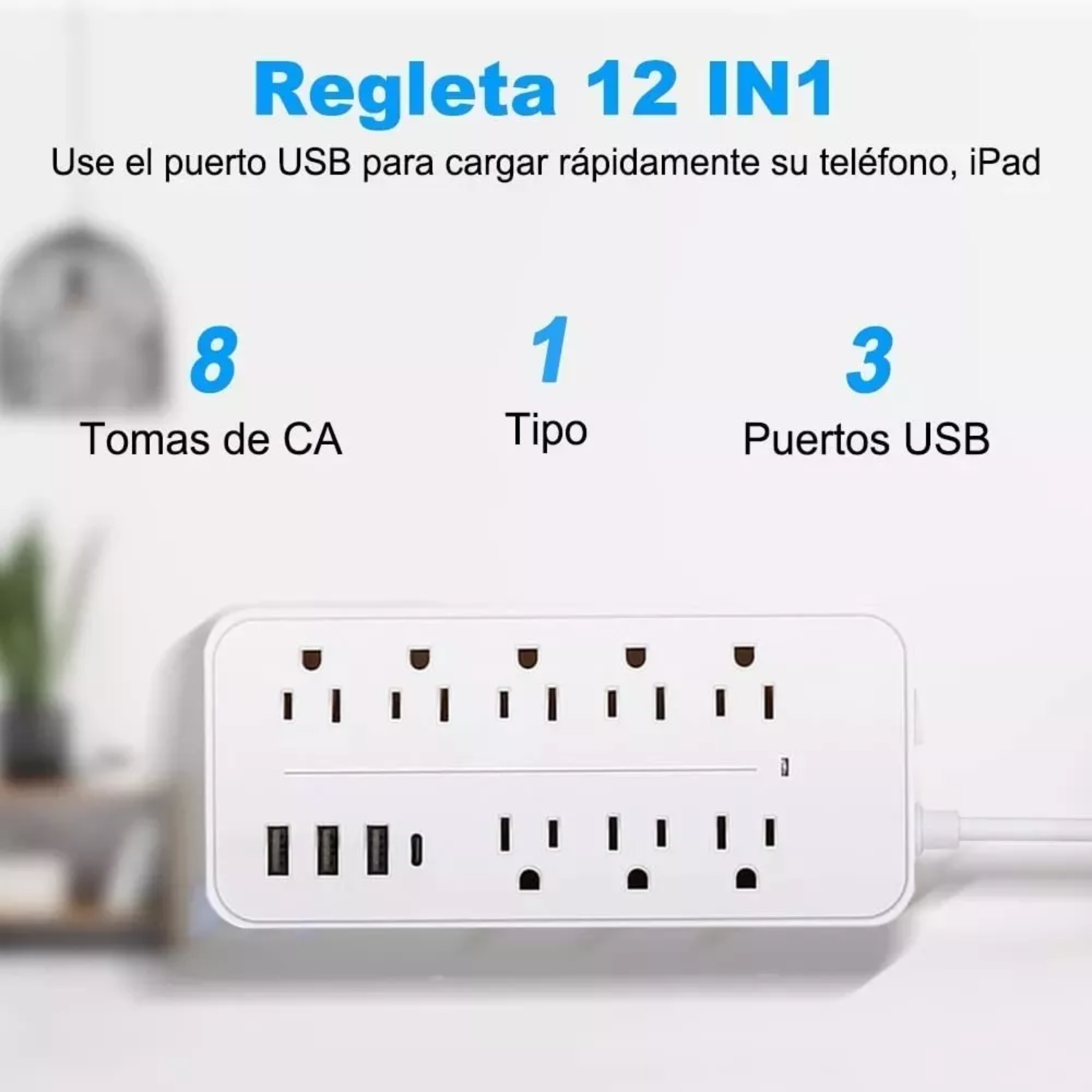 Regleta Cargador Multicontactos Con 8 Salidas 3 Usb 1 Tipo C