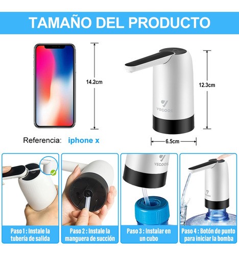 Dispensador De Agua Eléctrico Recargable Usb Bomba De Agua Blanco