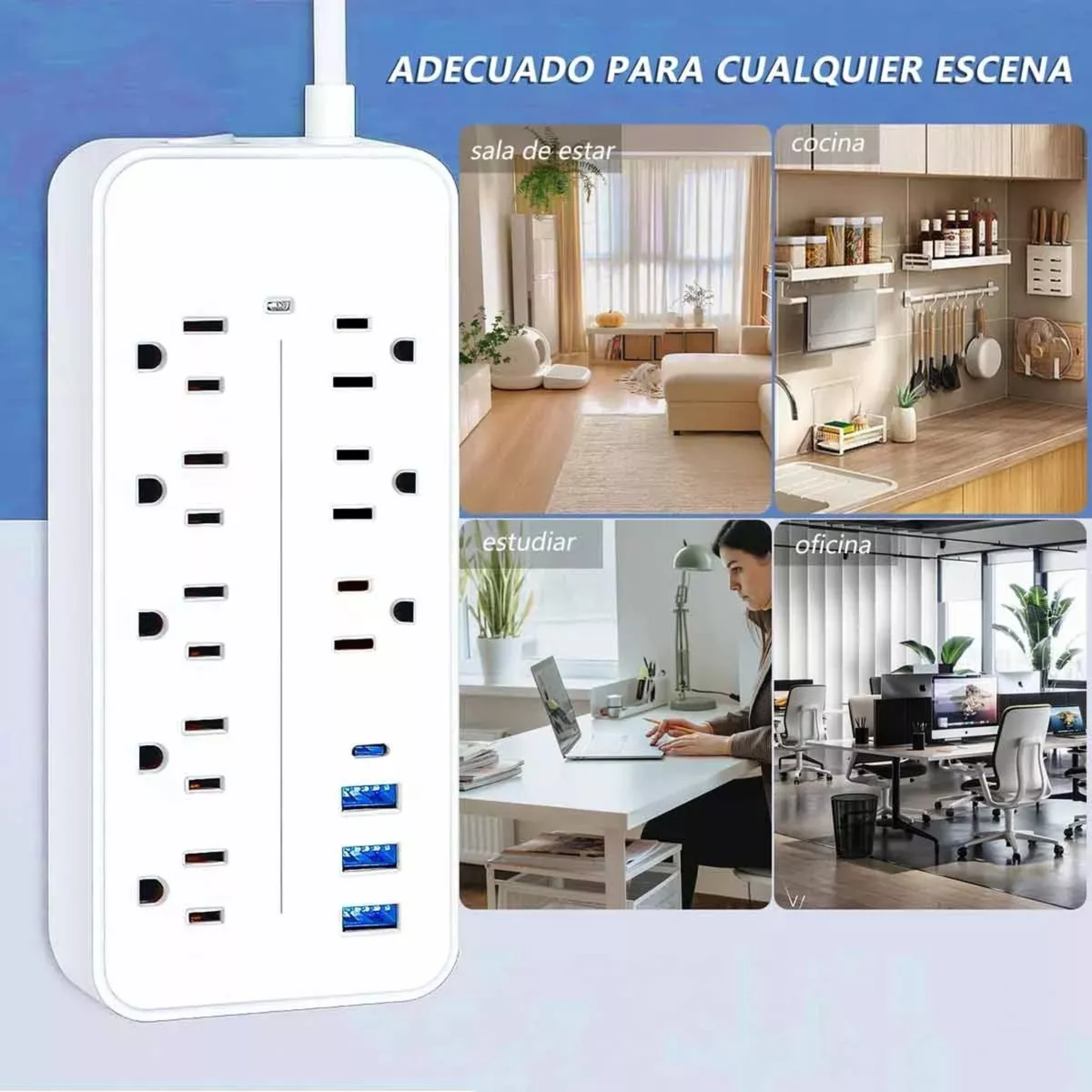 Regleta Cargador Multicontactos Con 8 Salidas 3 Usb 1 Tipo C