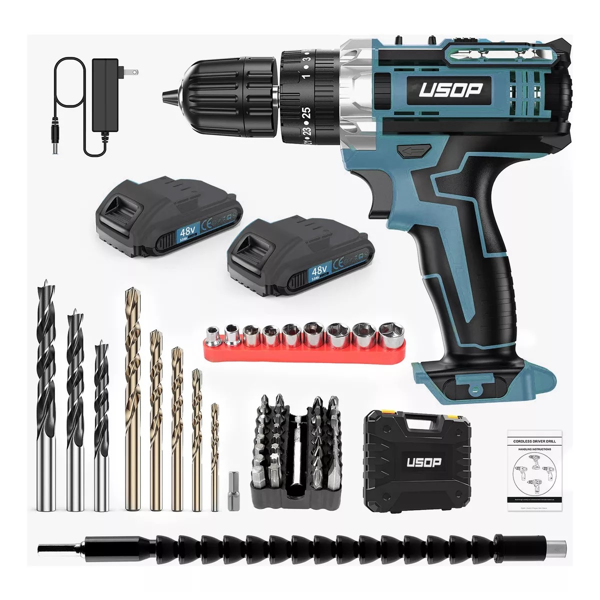 Taladro percutor atornillador inalámbrico de 10mm + Accesorios Azul