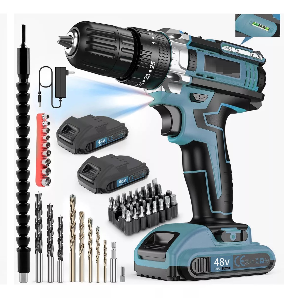 Taladro percutor atornillador inalámbrico de 10mm + Accesorios Azul