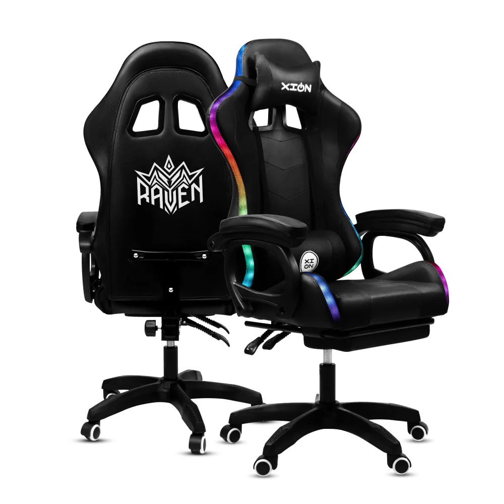 Silla Gamer con LUCES Ergonómica RGB 135° con Masajeador Lumbar y Posapies NEGRA
