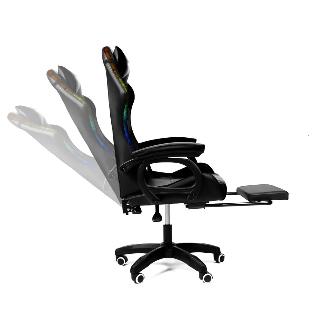 Silla Gamer con LUCES Ergonómica RGB 135° con Masajeador Lumbar y Posapies NEGRA