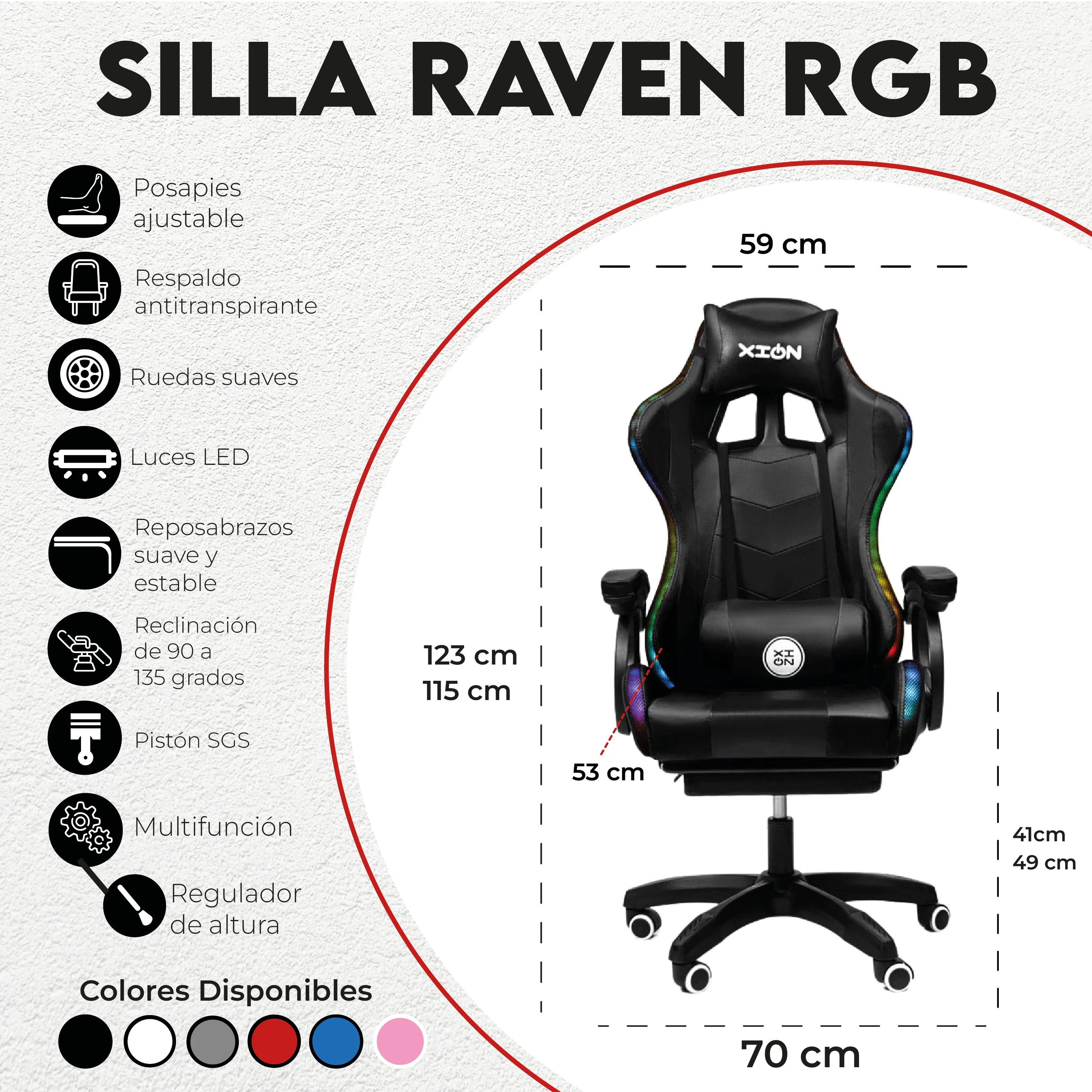 Silla Gamer con LUCES Ergonómica RGB 135° con Masajeador Lumbar y Posapies NEGRA