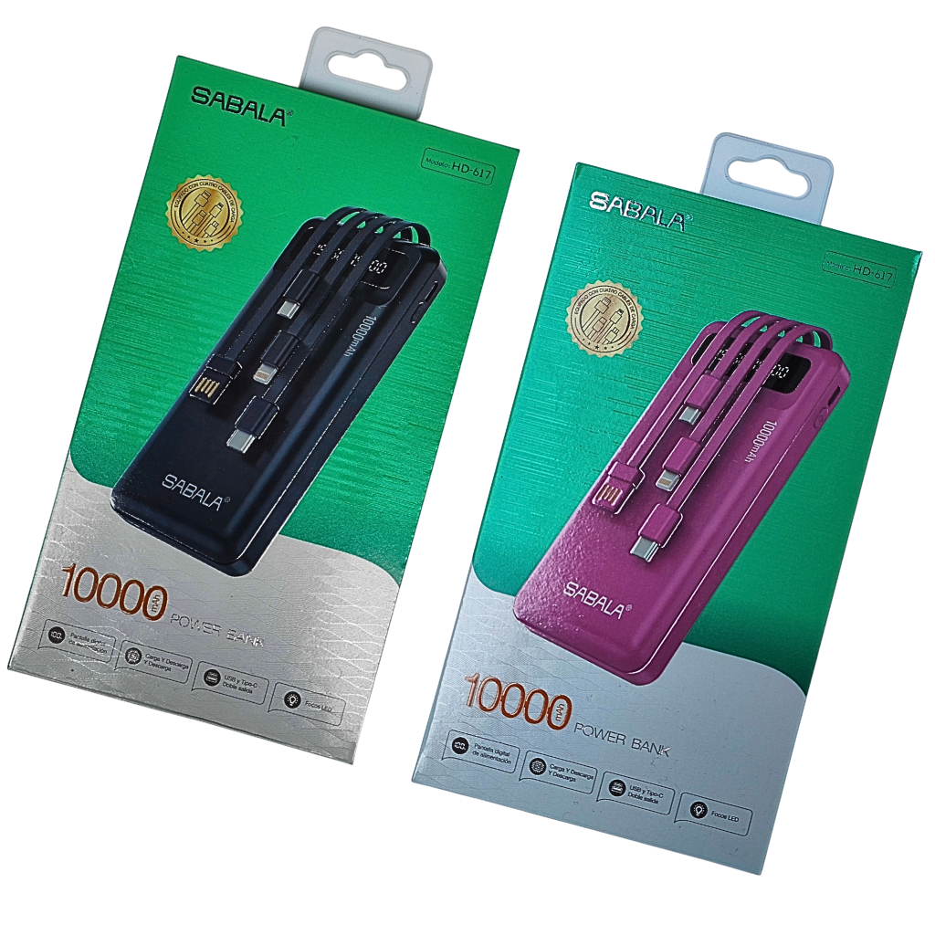 Batería portátil power bank 10000Mha Sabala con 4 salidas cable, con linterna. Color: Rosa
