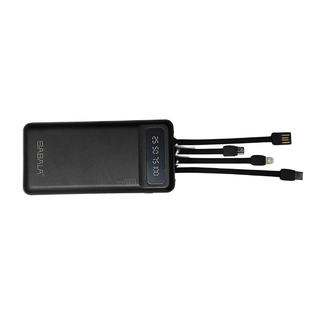Batería portátil power bank 10000Mha Sabala con 4 salidas cable, con linterna. Negro