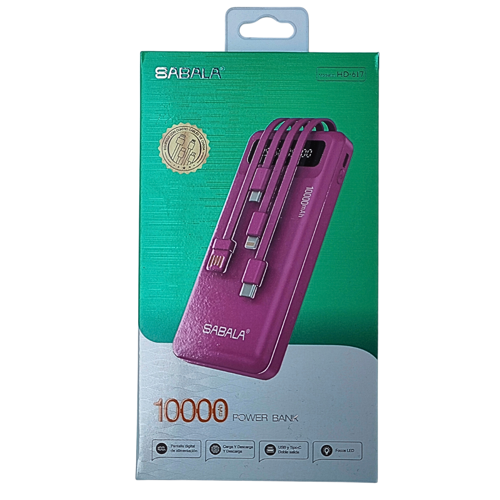 Batería portátil power bank 10000Mha Sabala con 4 salidas cable, con linterna. Negro