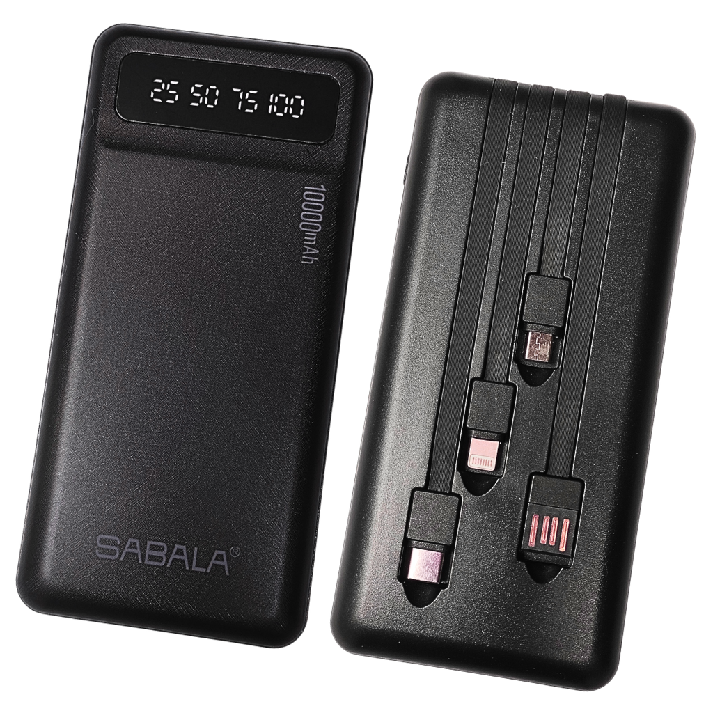 Batería portátil power bank 10000Mha Sabala con 4 salidas cable, con linterna. Negro