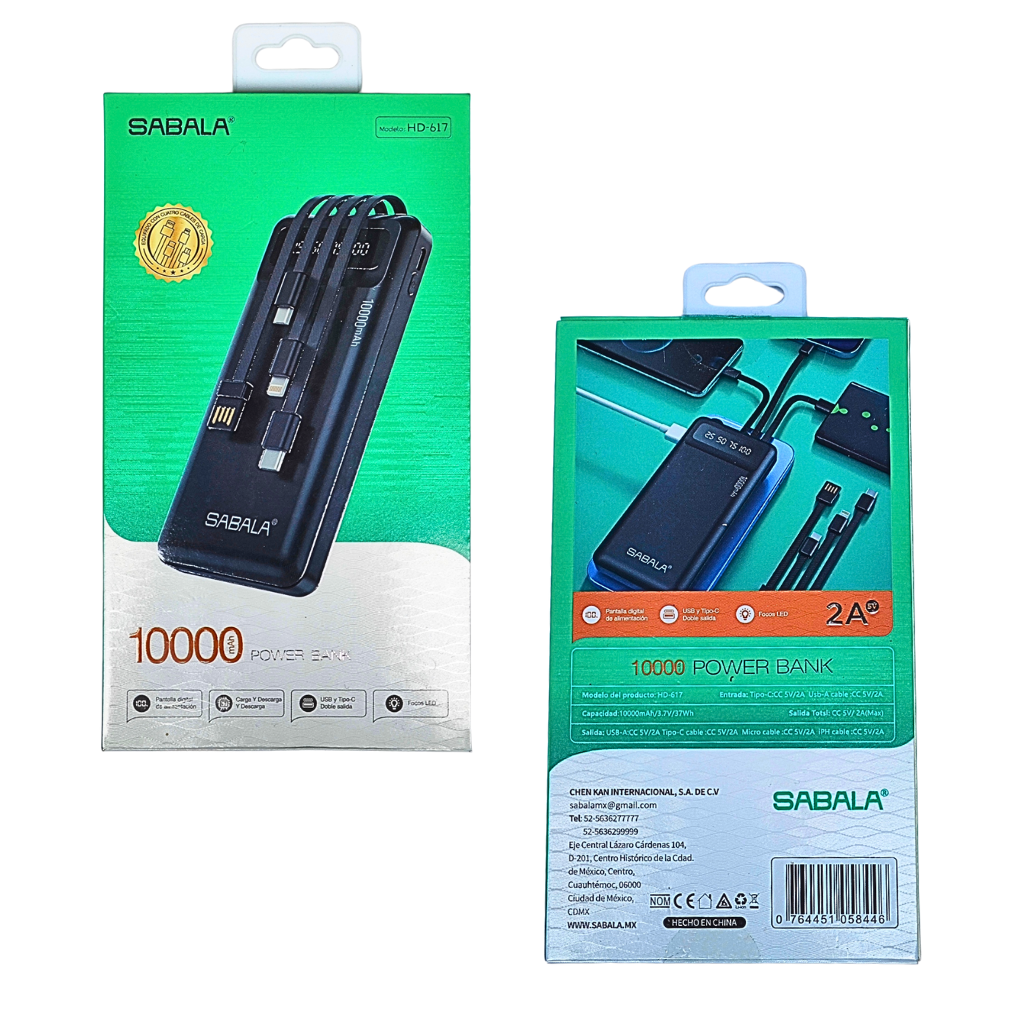 Batería portátil power bank 10000Mha Sabala con 4 salidas cable, con linterna. Color: Rosa