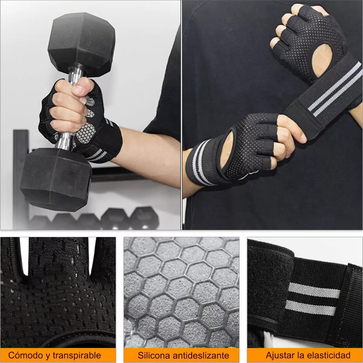 Guantes Para Gym Pesas Deportivos Muñequeras  Negro M