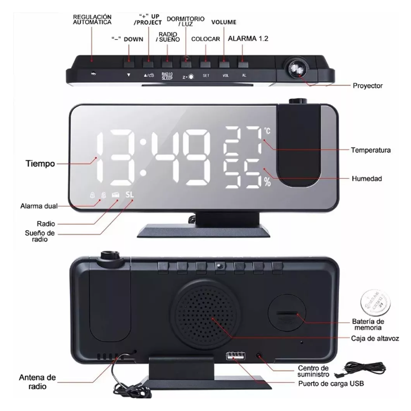 Reloj Despertador Digital Con Proyeccion De Led Multifunción