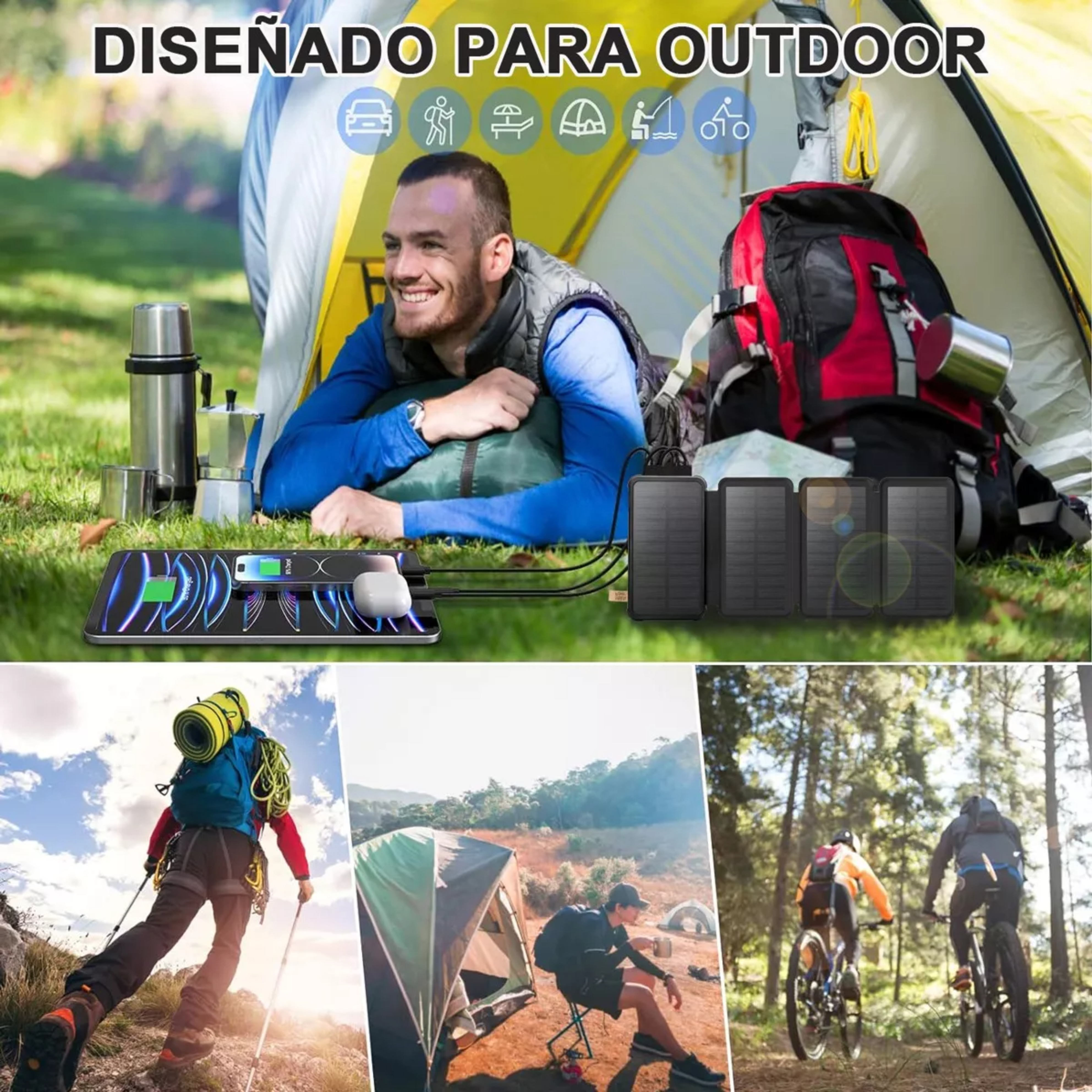 Power Bank Solar Portátil 30000mah Batería 4 Páneles Solares
