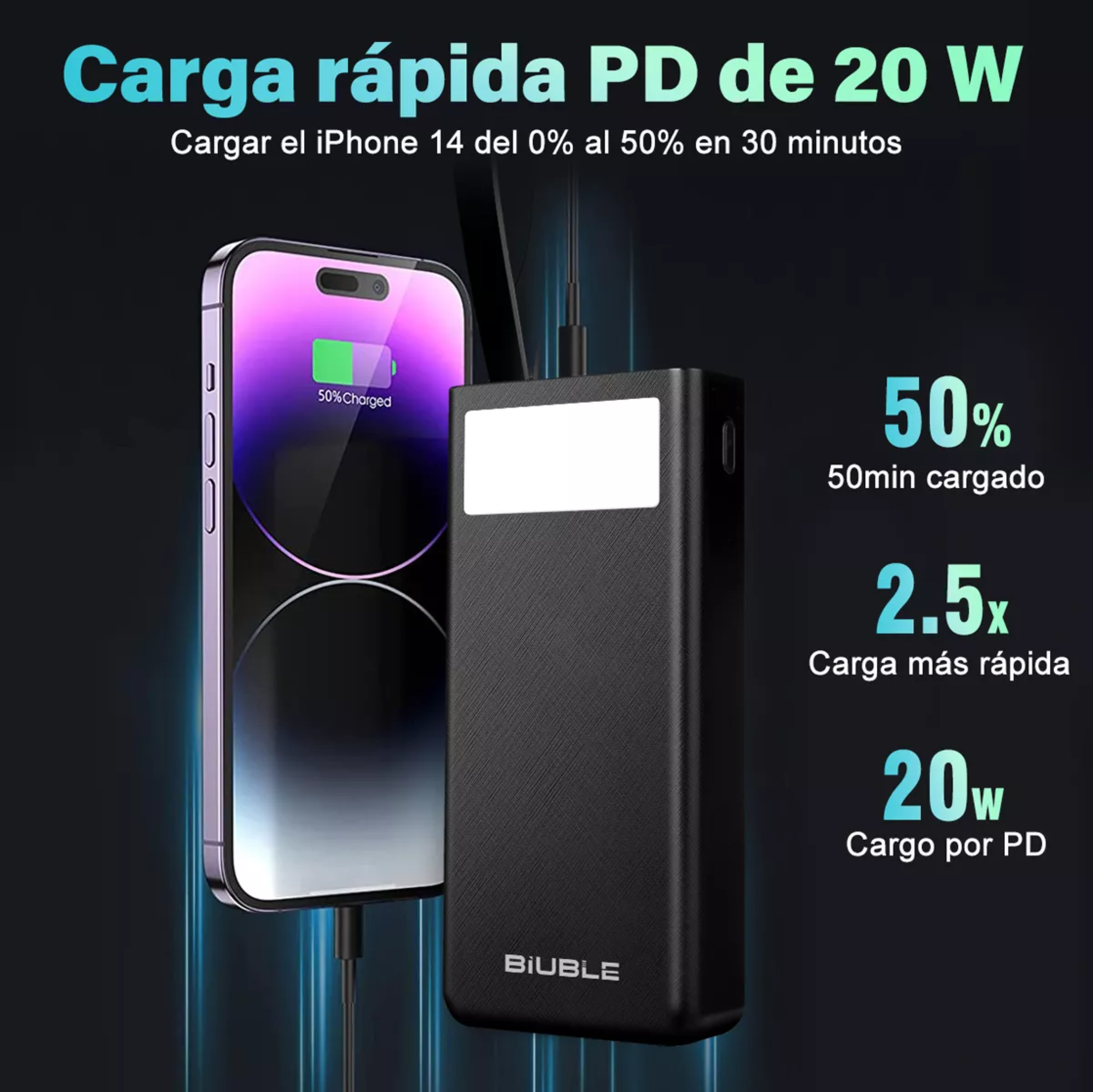 Power Bank Batería Portátil 30000mah Pd 20w Carga Rápida BIUBLE ML032 Con 2 Puertos Usb Entrada/salida Tipo C Con Pantalla /Linterna Luz Fuerte