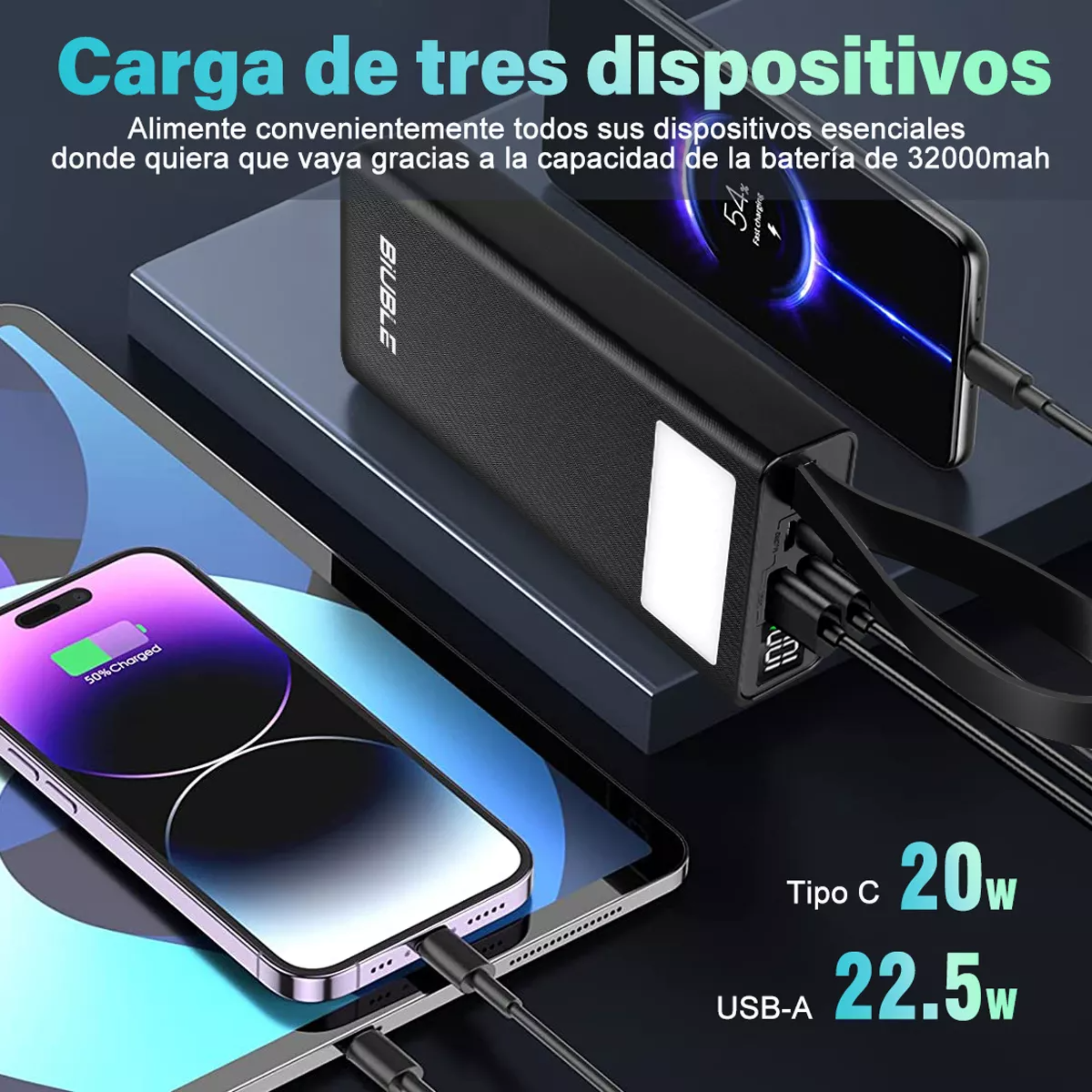 Power Bank Batería Portátil 30000mah Pd 20w Carga Rápida BIUBLE ML032 Con 2 Puertos Usb Entrada/salida Tipo C Con Pantalla /Linterna Luz Fuerte