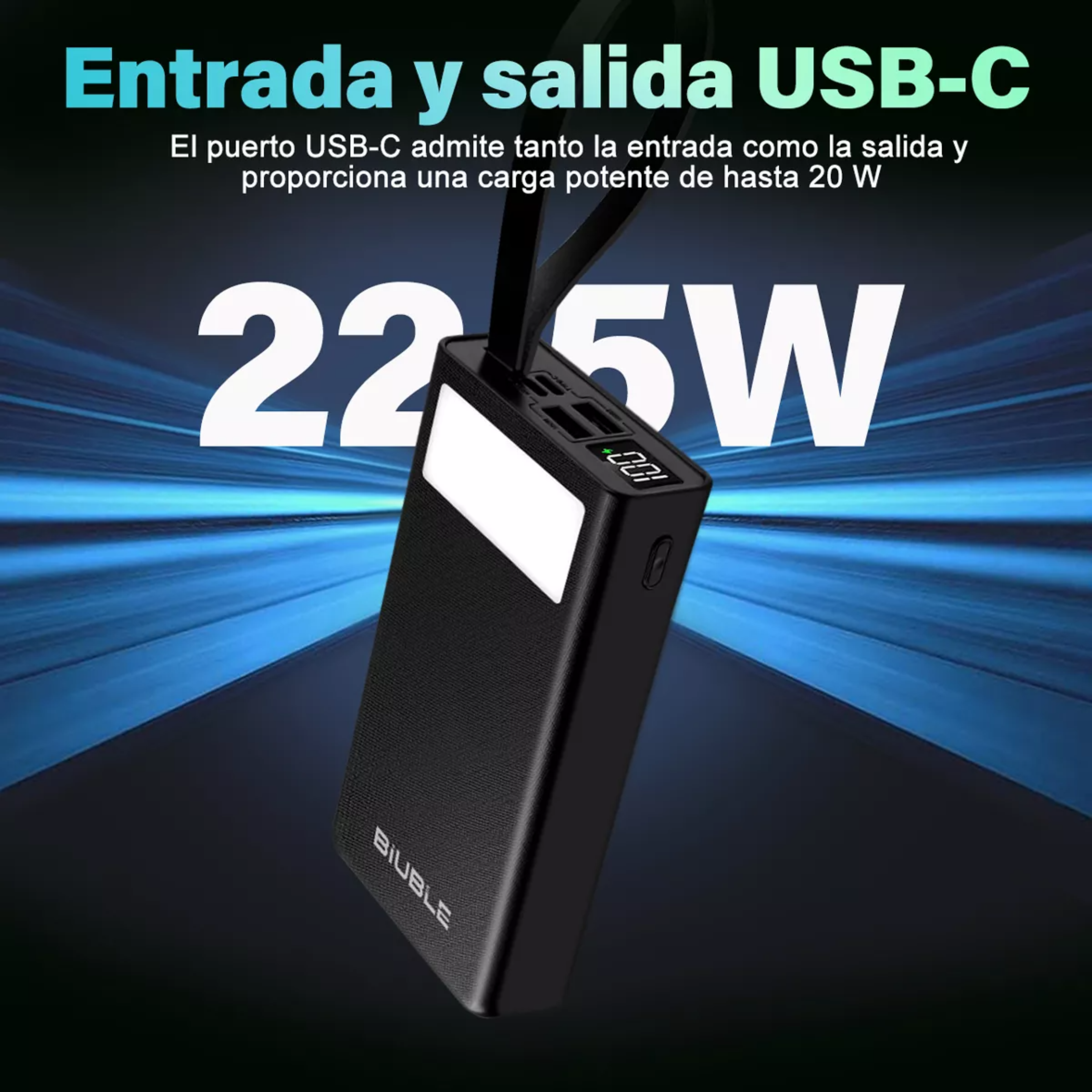 Power Bank Batería Portátil 30000mah Pd 20w Carga Rápida BIUBLE ML032 Con 2 Puertos Usb Entrada/salida Tipo C Con Pantalla /Linterna Luz Fuerte