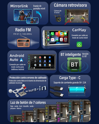 Auto Estereo Pantalla 2 Din Carplay & Android Auto + Camara
