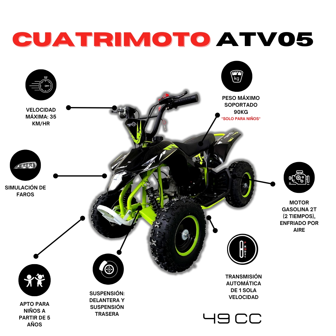 Motocicleta Infantil Shahoma ATV05 Cuatrimoto 49cc Verde y Negra