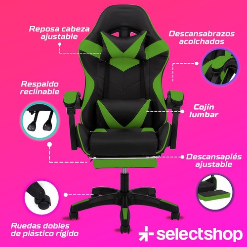 Silla Gamer Reclinable Giratoria Ergonómica Súper Cómoda Verde/Negro