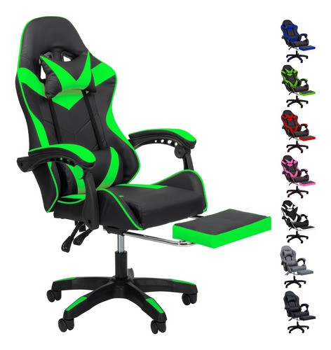 Silla Gamer Reclinable Giratoria Ergonómica Súper Cómoda Verde/Negro
