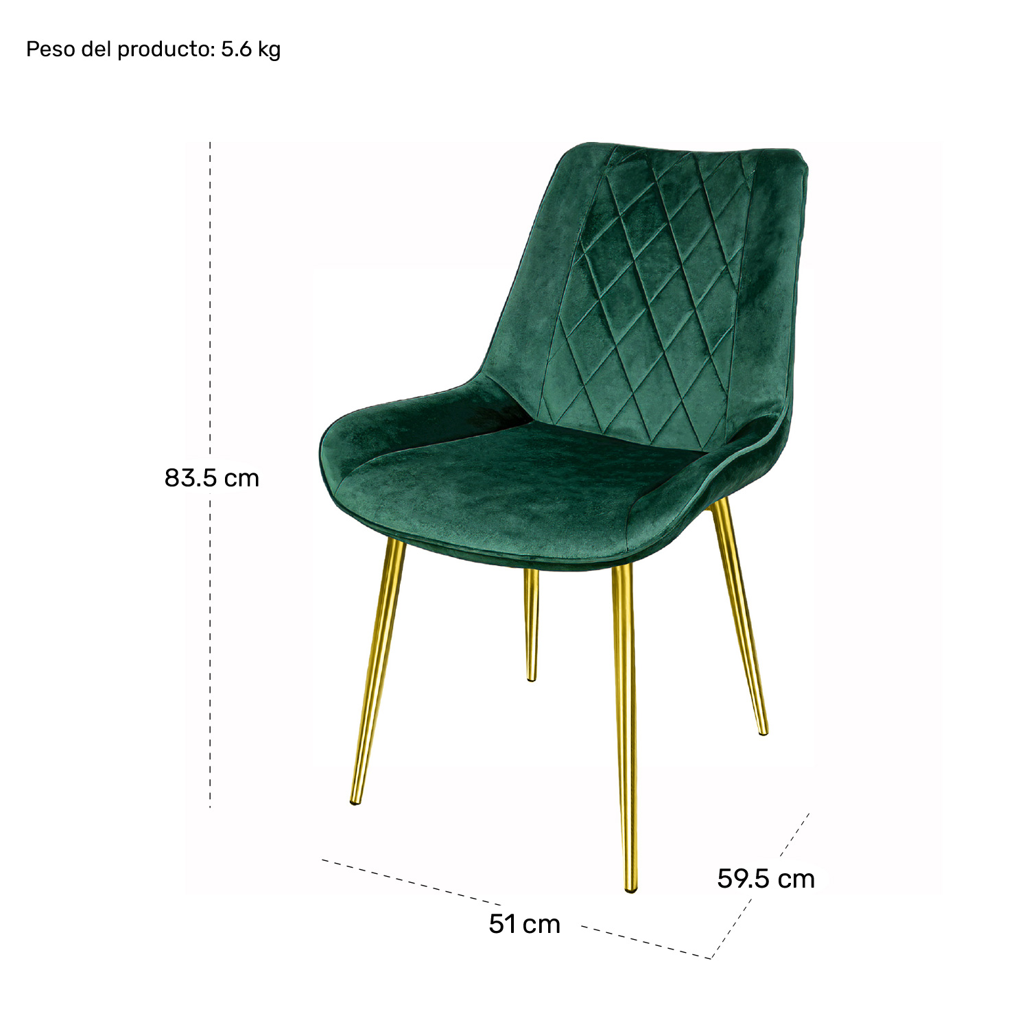 Set 2 Sillas Comedor Tapizadas Terciopelo Patas Doradas Verde