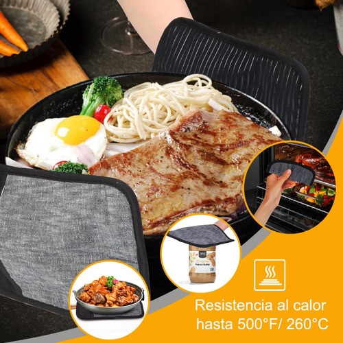 Juego De 4 Guantes De Cocina Para Horno, Anticalor Y Antides NEGRO rallas Gris