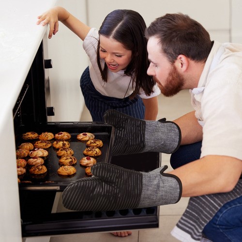 Juego De 4 Guantes De Cocina Para Horno, Anticalor Y Antides NEGRO rallas Gris